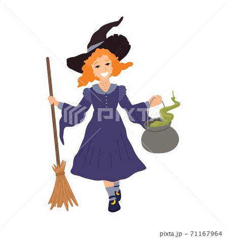 Girl in a witch costume holds a broom and a pot of potion. Costume for the holiday, a fabulous character, Halloween Party. Vector character of a child on a white background. 71167964