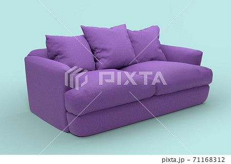 Violet couch with pillows on studio blue background. 71168312
