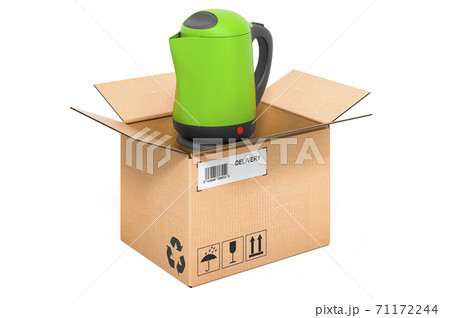 Electric kettle inside cardboard box, delivery concept. 3D rendering Electric kettle inside cardboard box, delivery concept. 3D rendering 71172244