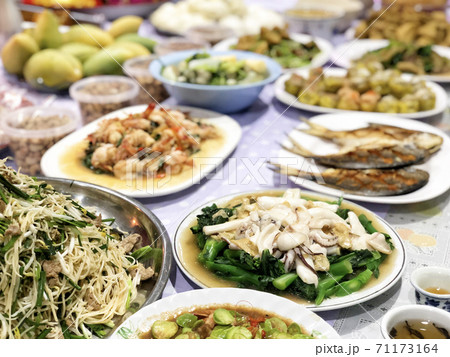 Chinese Ghost Festival. Sacrificial offering food for pray to god and memorial to ancestor Chinese Ghost Festival. Sacrificial offering food for pray to god and memorial to ancestor 71173164