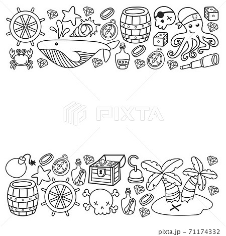 Children pirate party. Symbols of piracy - hat, swords, guns, treasure chest, ship, black flag, jolly roger emblem, skull and crossbones, compass. 71174332