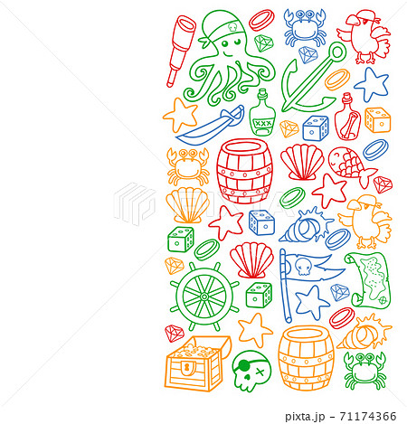 Children pirate party. Symbols of piracy - hat, swords, guns, treasure chest, ship, black flag, jolly roger emblem, skull and crossbones, compass. Children pirate party. Symbols of piracy - hat, swords, guns, treasure chest, ship, black flag, jolly roger emblem, skull and crossbones, compass. 71174366