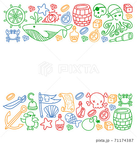 Children pirate party. Symbols of piracy - hat, swords, guns, treasure chest, ship, black flag, jolly roger emblem, skull and crossbones, compass. 71174387