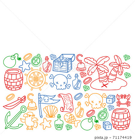 Children pirate party. Symbols of piracy - hat, swords, guns, treasure chest, ship, black flag, jolly roger emblem, skull and crossbones, compass. 71174419