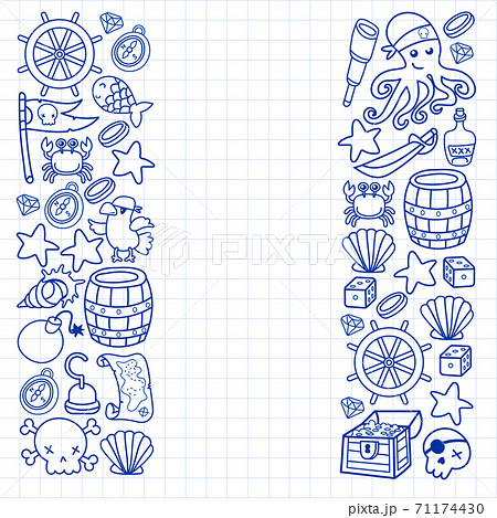Children pirate party. Symbols of piracy - hat, swords, guns, treasure chest, ship, black flag, jolly roger emblem, skull and crossbones, compass. Children pirate party. Symbols of piracy - hat, swords, guns, treasure chest, ship, black flag, jolly roger emblem, skull and crossbones, compass. 71174430