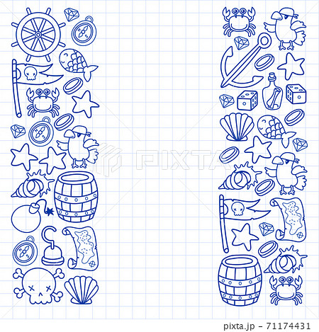 Children pirate party. Symbols of piracy - hat, swords, guns, treasure chest, ship, black flag, jolly roger emblem, skull and crossbones, compass. Children pirate party. Symbols of piracy - hat, swords, guns, treasure chest, ship, black flag, jolly roger emblem, skull and crossbones, compass. 71174431