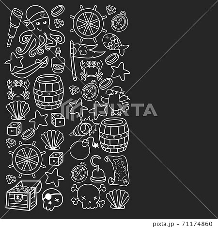 Children pirate party. Symbols of piracy - hat, swords, guns, treasure chest, ship, black flag, jolly roger emblem, skull and crossbones, compass. 71174860