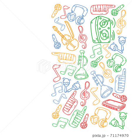 Vector music background with musical instruments. Rock, piano, guitar, jazz. Melody and microphone. Concert. Vector music background with musical instruments. Rock, piano, guitar, jazz. Melody and microphone. Concert. 71174970
