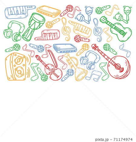 Vector music background with musical instruments. Rock, piano, guitar, jazz. Melody and microphone. Concert. 71174974