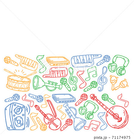 Vector music background with musical instruments. Rock, piano, guitar, jazz. Melody and microphone. Concert. Vector music background with musical instruments. Rock, piano, guitar, jazz. Melody and microphone. Concert. 71174975