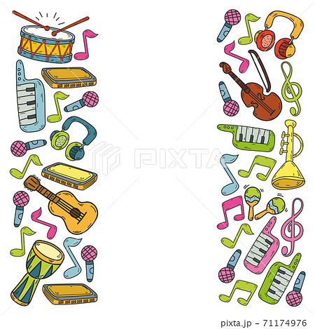 Vector music background with musical instruments. Rock, piano, guitar, jazz. Melody and microphone. Concert. 71174976