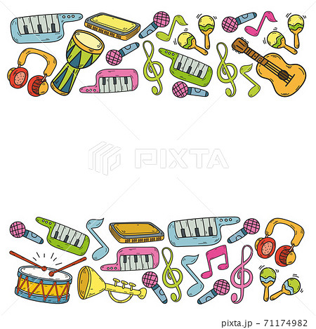 Vector music background with musical instruments. Rock, piano, guitar, jazz. Melody and microphone. Concert. Vector music background with musical instruments. Rock, piano, guitar, jazz. Melody and microphone. Concert. 71174982
