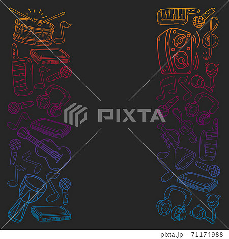 Vector music background with musical instruments. Rock, piano, guitar, jazz. Melody and microphone. Concert. 71174988