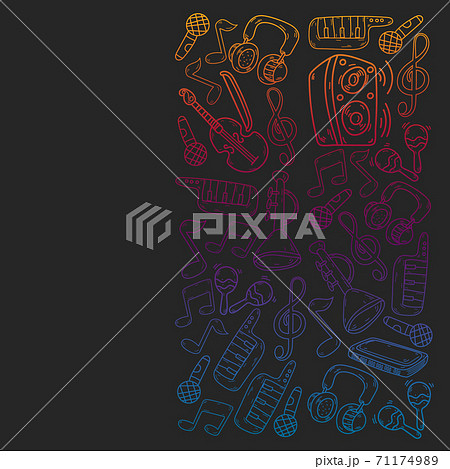 Vector music background with musical instruments. Rock, piano, guitar, jazz. Melody and microphone. Concert. Vector music background with musical instruments. Rock, piano, guitar, jazz. Melody and microphone. Concert. 71174989