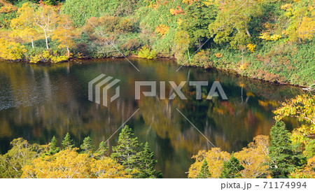 美しい紅葉に囲まれた朝の熊沼　岩手県 71174994