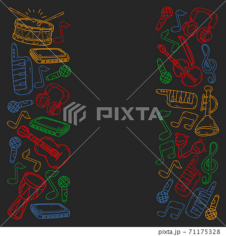 Vector music background with musical instruments. Rock, piano, guitar, jazz. Melody and microphone. Concert. Vector music background with musical instruments. Rock, piano, guitar, jazz. Melody and microphone. Concert. 71175328