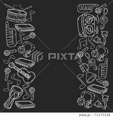 Vector music background with musical instruments. Rock, piano, guitar, jazz. Melody and microphone. Concert. 71175338