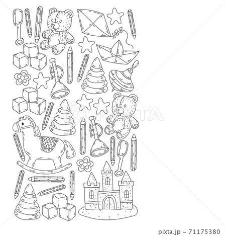Icons for little boys and girls. Hand drawn children drawings pattern. Kindergarten toys background. Vector illustration. Icons for little boys and girls. Hand drawn children drawings pattern. Kindergarten toys background. Vector illustration. 71175380