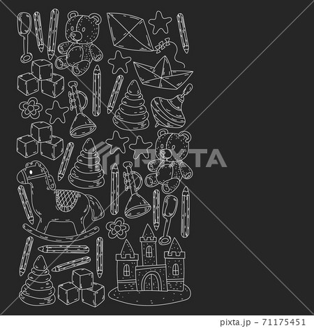 Icons for little boys and girls. Hand drawn children drawings pattern. Kindergarten toys background. Vector illustration. 71175451