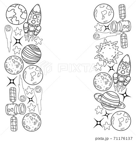 Vector doodle space pattern. Earth, Moon, Jupiter, Sun, Saturn. Vector doodle space pattern. Earth, Moon, Jupiter, Sun, Saturn. 71176137