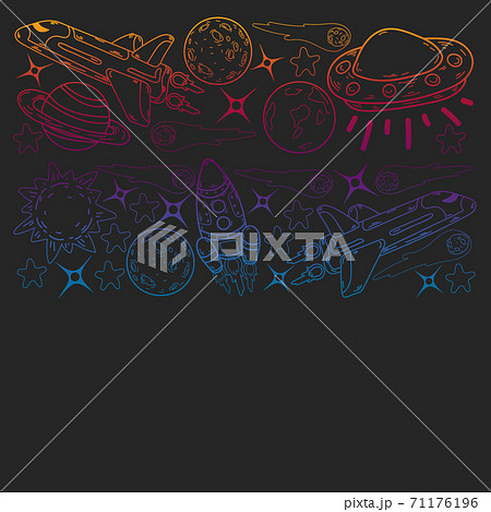 Vector doodle space pattern. Earth, Moon, Jupiter, Sun, Saturn. Vector doodle space pattern. Earth, Moon, Jupiter, Sun, Saturn. 71176196