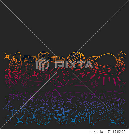 Vector doodle space pattern. Earth, Moon, Jupiter, Sun, Saturn. Vector doodle space pattern. Earth, Moon, Jupiter, Sun, Saturn. 71176202