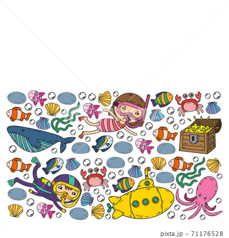 Water park. Diving pattern with children. Octopus, whale. Summer adventure with pirates and treasures. Swimming and underwater adventure. Water park. Diving pattern with children. Octopus, whale. Summer adventure with pirates and treasures. Swimming and underwater adventure. 71176528