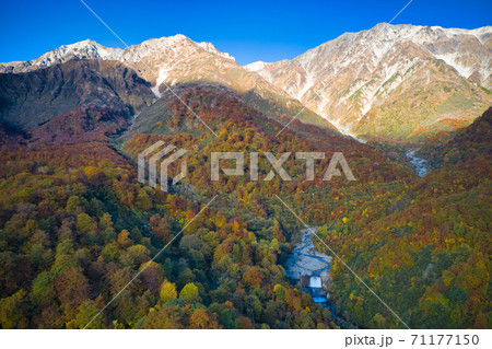 白馬三山の迫力ある眺めと大雪渓まで広がる美しい紅葉 長野県白馬村(ドローンによる空撮) 白馬三山の迫力ある眺めと大雪渓まで広がる美しい紅葉 長野県白馬村(ドローンによる空撮) 71177150
