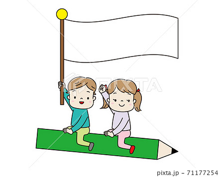 鉛筆に乗って旗を持った子どもたち　フレーム 71177254