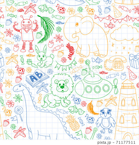 Vector kindergarten pattern with animals and toys. Illustration for little boys and girls. Vector kindergarten pattern with animals and toys. Illustration for little boys and girls. 71177511