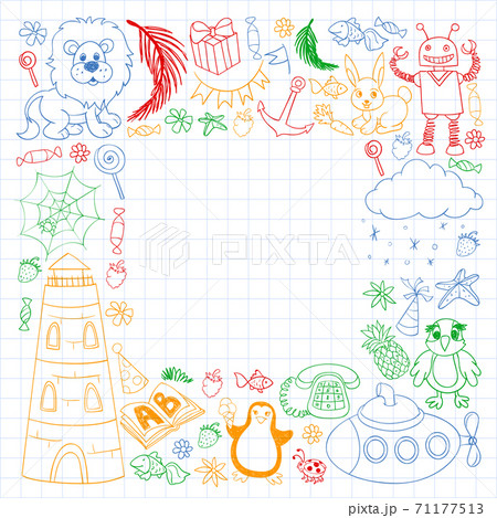 Vector kindergarten pattern with animals and toys. Illustration for little boys and girls. Vector kindergarten pattern with animals and toys. Illustration for little boys and girls. 71177513