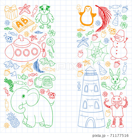 Vector kindergarten pattern with animals and toys. Illustration for little boys and girls. Vector kindergarten pattern with animals and toys. Illustration for little boys and girls. 71177516