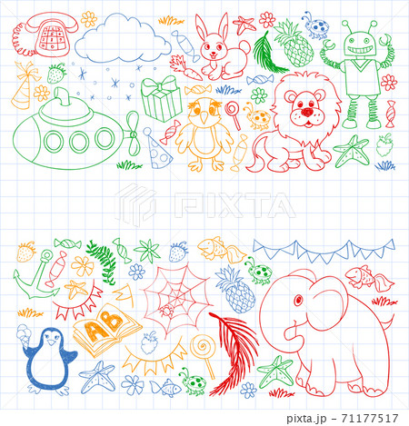 Vector kindergarten pattern with animals and toys. Illustration for little boys and girls. Vector kindergarten pattern with animals and toys. Illustration for little boys and girls. 71177517