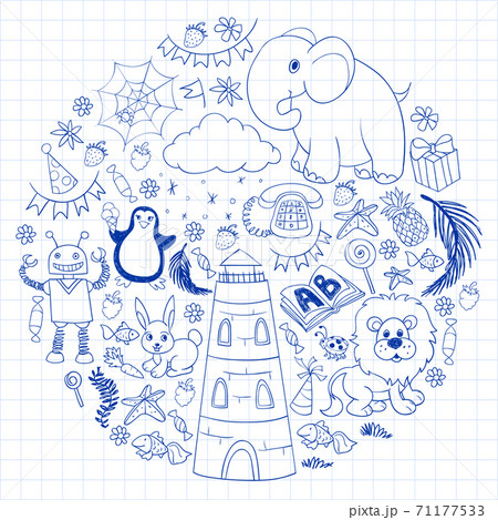 Vector kindergarten pattern with animals and toys. Illustration for little boys and girls. Vector kindergarten pattern with animals and toys. Illustration for little boys and girls. 71177533