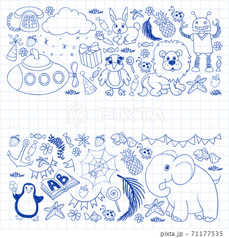 Vector kindergarten pattern with animals and toys. Illustration for little boys and girls. Vector kindergarten pattern with animals and toys. Illustration for little boys and girls. 71177535