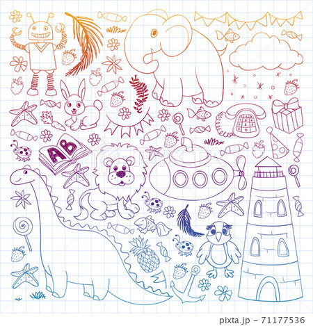 Vector kindergarten pattern with animals and toys. Illustration for little boys and girls. Vector kindergarten pattern with animals and toys. Illustration for little boys and girls. 71177536
