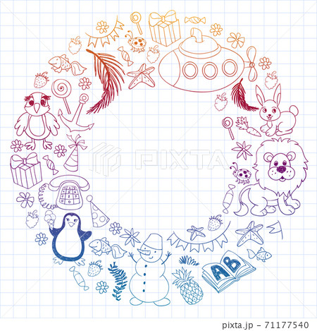 Vector kindergarten pattern with animals and toys. Illustration for little boys and girls. Vector kindergarten pattern with animals and toys. Illustration for little boys and girls. 71177540