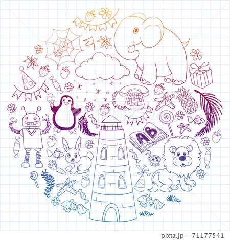 Vector kindergarten pattern with animals and toys. Illustration for little boys and girls. Vector kindergarten pattern with animals and toys. Illustration for little boys and girls. 71177541