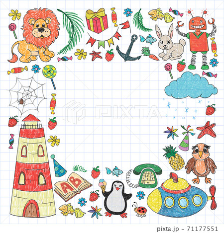 Vector kindergarten pattern with animals and toys. Illustration for little boys and girls. Vector kindergarten pattern with animals and toys. Illustration for little boys and girls. 71177551