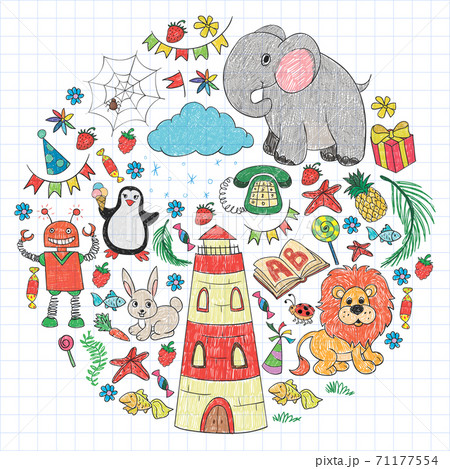 Vector kindergarten pattern with animals and toys. Illustration for little boys and girls. Vector kindergarten pattern with animals and toys. Illustration for little boys and girls. 71177554