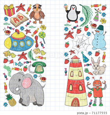 Vector kindergarten pattern with animals and toys. Illustration for little boys and girls. Vector kindergarten pattern with animals and toys. Illustration for little boys and girls. 71177555