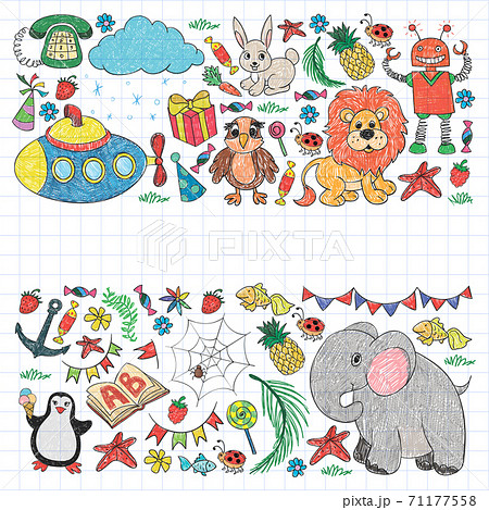 Vector kindergarten pattern with animals and toys. Illustration for little boys and girls. Vector kindergarten pattern with animals and toys. Illustration for little boys and girls. 71177558