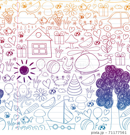 Vector kindergarten pattern with helicopter, house, toys, ship. Boys and girls online education. Vector kindergarten pattern with helicopter, house, toys, ship. Boys and girls online education. 71177561