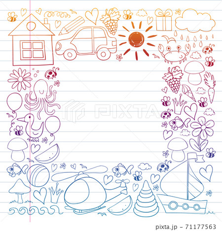 Vector kindergarten pattern with helicopter, house, toys, ship. Boys and girls online education. 71177563