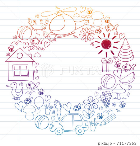 Vector kindergarten pattern with helicopter, house, toys, ship. Boys and girls online education. 71177565