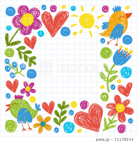 Children kindergarten pattern with flowers and birds. Kids floral vector llustration. 71178314