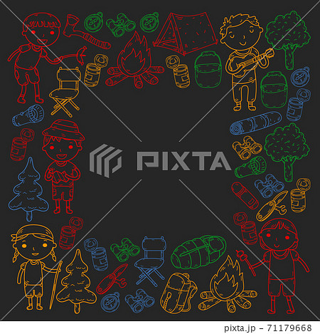 Vector illustration, pattern. Big set linear icon camping and travel Vector illustration, pattern. Big set linear icon camping and travel 71179668