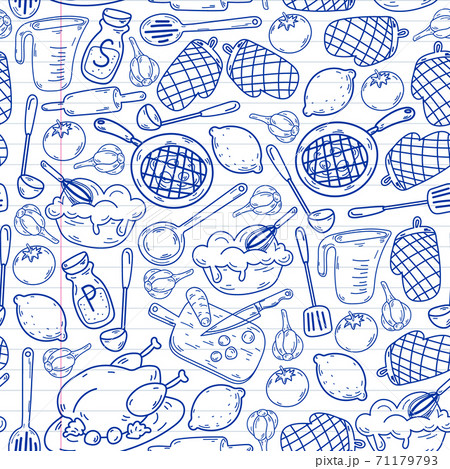 Vector sketch background with kitchen utensils, vegetables, cooking, products, kitchenware. Doodle elements. Vector sketch background with kitchen utensils, vegetables, cooking, products, kitchenware. Doodle elements. 71179793