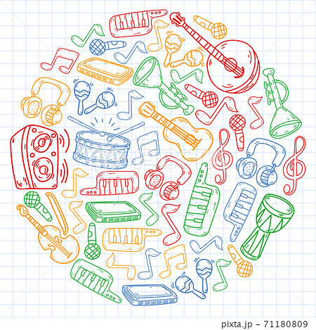 Vector music background with musical instruments. Rock, piano, guitar, jazz. Melody and microphone. Concert. Vector music background with musical instruments. Rock, piano, guitar, jazz. Melody and microphone. Concert. 71180809