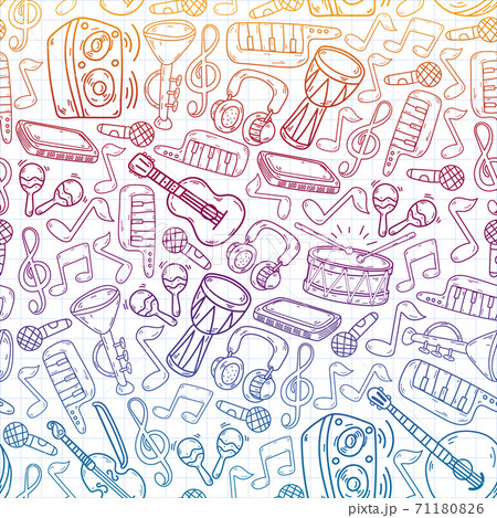 Vector music background with musical instruments. Rock, piano, guitar, jazz. Melody and microphone. Concert. 71180826